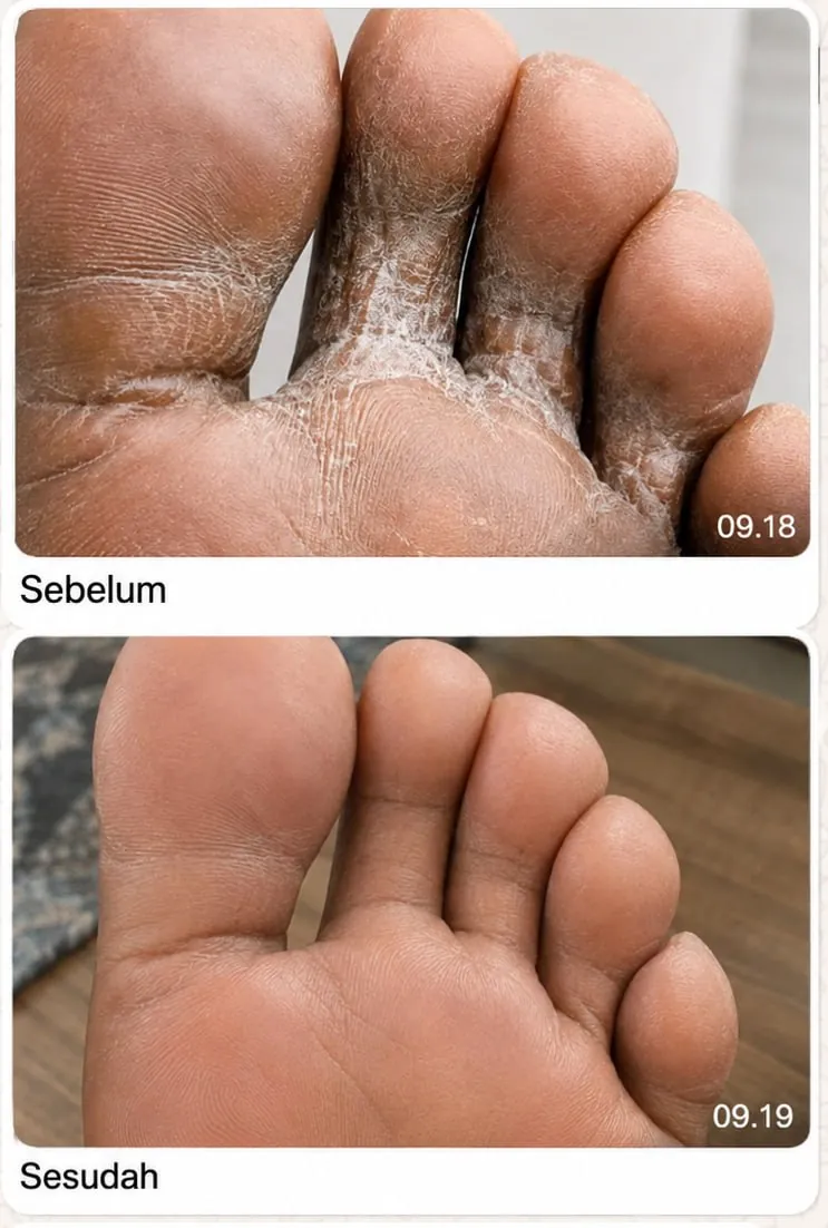 Sebelum dan sesudah pemakaian rutin Taracare Body Lotion pada telapak kaki yang kering dan bersisik